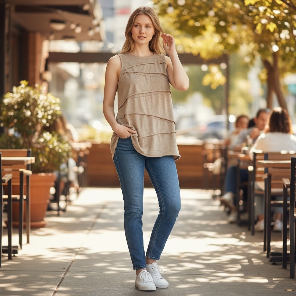 Alfani Beige Cotton Top  Sleeveless Shirt Size Medium Women's Layered Cuts